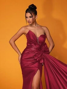 Smilprince Long Sexy Strapless Solid Color High Slit Ruched Elegant Evening Gown Dress (Heavy Embellished) - Burgundy - View 3