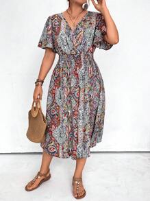SHEIN LUNE Plus Size Retro Printed Tie-Back Summer Beach Dress