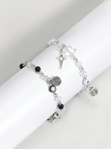 ROMWE Grunge Punk 2 pièces Ensemble de bracelet style punk avec étoiles noires et blanches, perles. Convient pour un porter quotidien, cadeau de Saint-Valentin, maman, mère, fête des mères