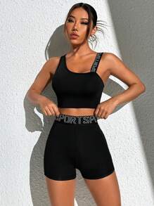 Easithlete Costum sport fără mâneci și pantaloni scurți, cu guler asimetric, cu slogan elastic, pentru antrenament, pentru femei