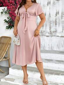 SHEIN Privé Plus Size Summer Elegant Front Tie Bowknot Waist Cinched Dress - Apricot - View 1
