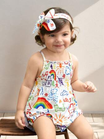 SHEIN Baby Girl Rainbow & Cartoon Graphic Cami Bodysuit & Headband