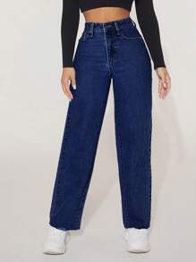 SHEIN PETITE Jeans casuales de pierna recta para mujer, perfectos para salidas diarias y viajes, con bolsillos laterales - Azul lavado oscuro - Ver 4