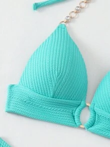 SHEIN Swim 女士纯色拼接比基尼套装带金属链吊带领，性感两件套比基尼套装，适合度假、夏季海滩 - 藍色 - 查看 3