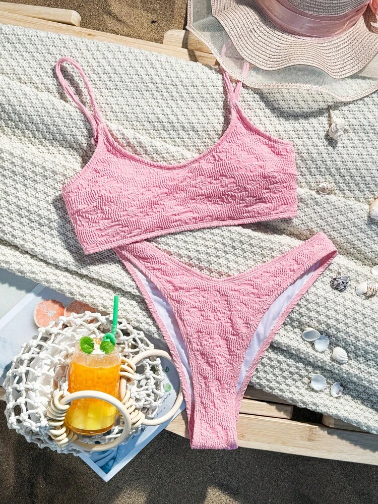 Women Solid Color Textured Sexy Bikini Set For Beach Vacation Summer