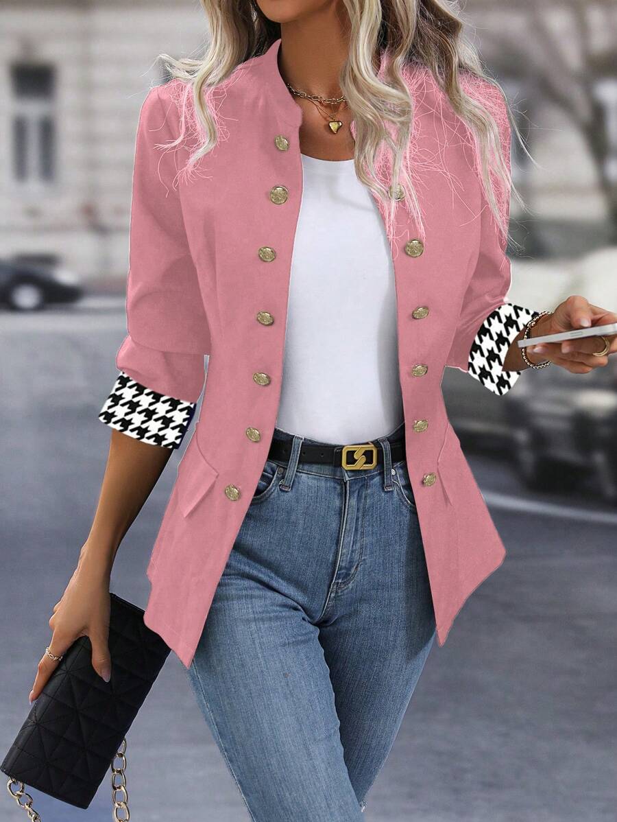 SHEIN Clasi Chaqueta de blazer con estampado de pata de gallo para mujer, ajuste ceñido y a la moda - Rosa vieja - Ver 1