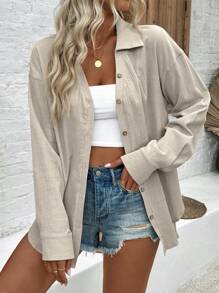 EMERY ROSE Áo Sơ Mi Dài Tay Trễ Vai Màu Trơn Cho Nữ Cho Mùa Xuân/Hè - Màu be - Xem 5