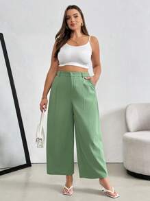 SHEIN Essnce Große Größen Sommerhosen für Damen, weite Beine Lässig Straight-Leg Hosen für Country Konzerte, grüne Schlupfhosen, Lehrerin - Grün - Übersicht 5