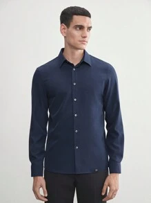 AKNOTIC Business Casual Áo sơ mi công sở dài tay màu trơn đơn giản dành cho nam Easy Care cho mùa hè - Màu xanh hải quân - Xem 2