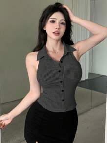 Dazy Designer 女款簡約純色無袖翻領襯衫，夏季無袖上衣背心，外出穿搭掛脖上衣 - 深灰色 - 查看 2