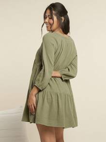 SHEIN Maternity Linen Short Loose Weave Solid Color Dress With V-Neckline & Short Sleeves, For Leisure & Home Wear