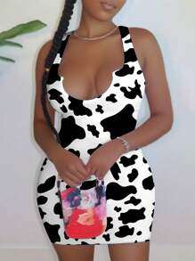 SHEIN EZwear Plus Size Women's Casual Cow Spot Animal Print Sleeveless V-Neck Midi Dress, Summer Chic Dress - White - View 2