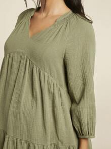 SHEIN Maternity Linen Short Loose Weave Solid Color Dress With V-Neckline & Short Sleeves, For Leisure & Home Wear