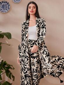 Mulvari Conjunto de 2 piezas de camisa larga con estampado de plantas y pantalones de pierna ancha, estilo de vacaciones para ocio - Blanco y Negro - Ver 2