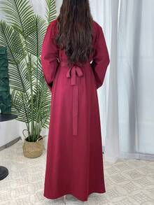 Vestido mexicano de mujer de cuello redondo, manga larga, temperamento Y2K, vestido suelto de unicolor, falda larga elegante, vestido suelto, bata de señoras musulmanas de Oriente Medio - Burdeos - Ver 2