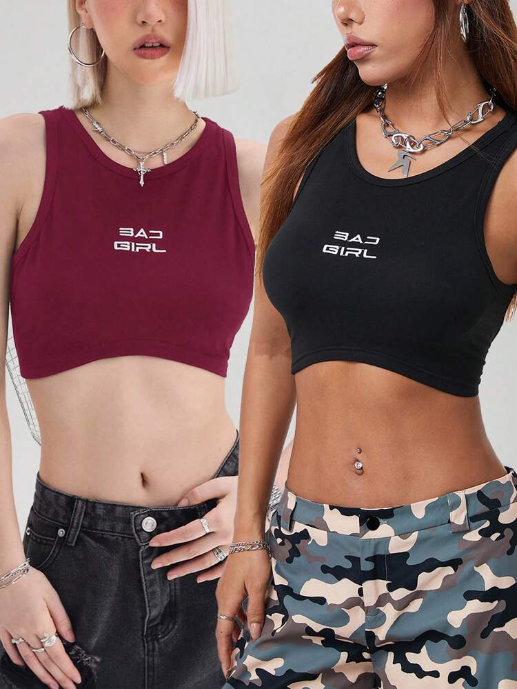 2024 Sports Street Slim Crop Letter Print Crop Tank Top