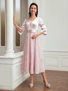 MOTF PREMIUM SATIN BODICE JACQUARD FLOWER APPLIQUE FLARE HEM BUCKLE BELTED DRESS - Pink - View 7