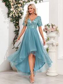 撞色亮片高低下摆网眼女式派对连衣裙 - 淺藍色 - 查看 7