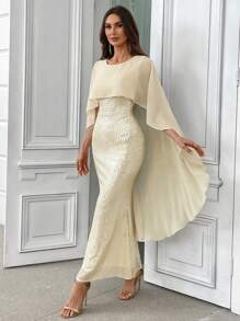 SHEIN Belle Vestido de fiesta elegante con chal de mujer con brillo, para fiesta de graduación, regreso a casa, fiestas de cumpleaños, bodas y eventos formales - Albaricoque - Ver 4