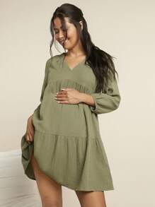 SHEIN Maternity Linen Short Loose Weave Solid Color Dress With V-Neckline & Short Sleeves, For Leisure & Home Wear