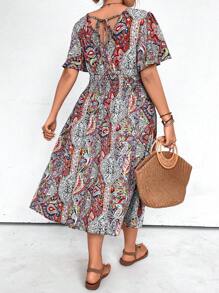 SHEIN LUNE Plus Size Retro Printed Tie-Back Summer Beach Dress