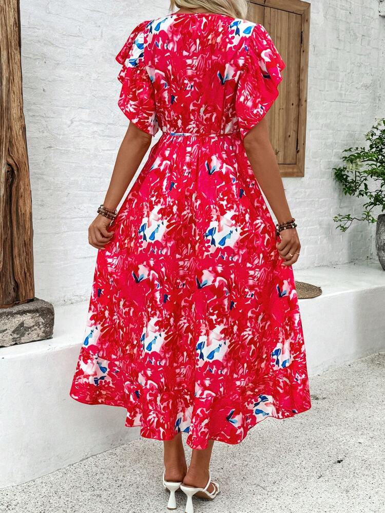 Women's Floral Print Holiday Style Dress With Ruffled Sleeves