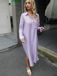女士休閒超大寬鬆長版襯衫連衣裙 - 淡紫色 - 查看 5