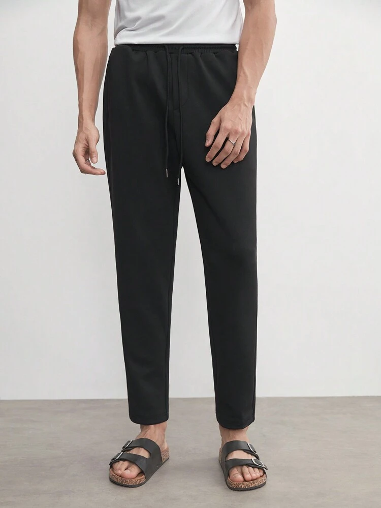 Easy Care Men's Knitted Slightly Loose Straight-Leg Black Solid Color Drawstring Pants, Suitable For Summer
