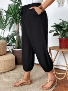 Plus Size Women's Fashion Solid Color Casual Capri Pants - الأسود - مشاهدة 4