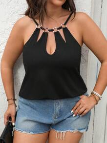 Vionelle Plus Size Metal Embellished Circle Asymmetrical Hem Cami Top - Black - View 6