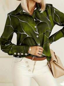 Allover Print Front Button Elegant Long Sleeve Shirt