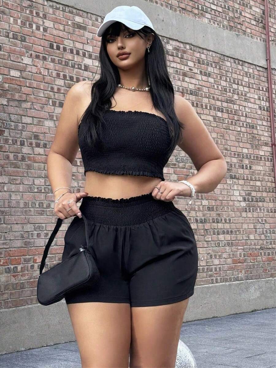 POPSWAY Conjunto de Top tomara que caia em Plus Size com babado e Shorts, Cor lisa - Preto - Visão 1