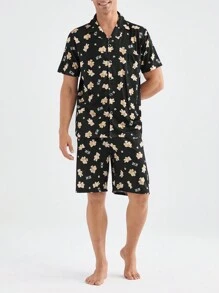 Conjunto de verano para hombre con mangas cortas y pantalones cortos con estampado completo para uso en el hogar