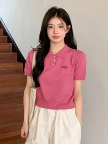DAZY Women's Fashionable Solid Color Short Sleeve Knit Polo Shirt,Back To School Clothes