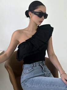 DAZY Women's Summer Fashion Solid Color Asymmetrical Neck Ruffle Trim Sleeveless Top Going Out Tops - Black - View 9