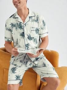 Ensemble pour homme, comprenant une chemise à manches courtes en bambou imprimé intégral et un short pour un usage domestique en été - Multicolore - Voir 6