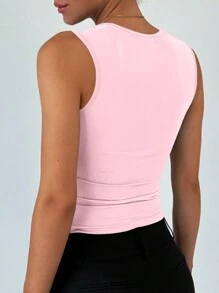 Ladies' Plain Double-Layer Pleated Square Collar Versatile Tank Top, Spring And Summer - 粉色 - 查看 2