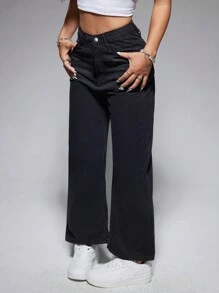 SHEIN PETITE 實色直筒休閒牛仔褲 - 黑色 - 查看 5