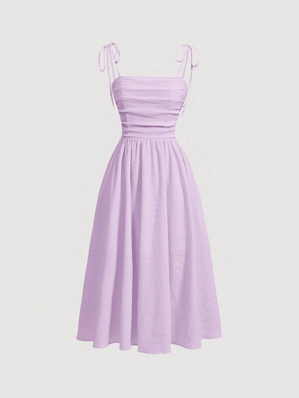 SHEIN MOD Damen einfarbiges Midi-Lässig-Trägerkleid mit Knoten- und Rüschendetails