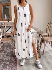 SHEIN LUNE Phong cách nghỉ dưỡng Váy không tay có ren chèn lông vũ có xẻ bên - trắng - Xem 3