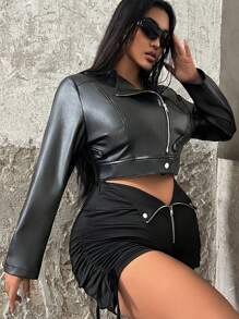 SHEIN ICON Plus Size Stand Collar Faux Leather Cropped Jacket, For Winter Fall Autumn - Black - View 6