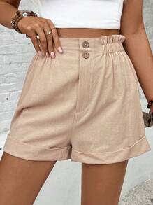 EMERY ROSE Bermudas informales de lino para mujer en unicolor con dobladillo enrollado, estilo de vacaciones - Caqui - Ver 4