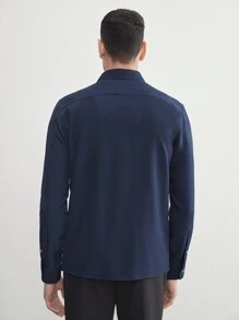 AKNOTIC Business Casual Áo sơ mi công sở dài tay màu trơn đơn giản dành cho nam Easy Care cho mùa hè - Màu xanh hải quân - Xem 3