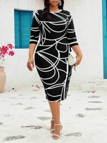 SHEIN Lady Vestido ajustado blanco elegante de talla grande para mujer - Blanco y Negro - Ver 3