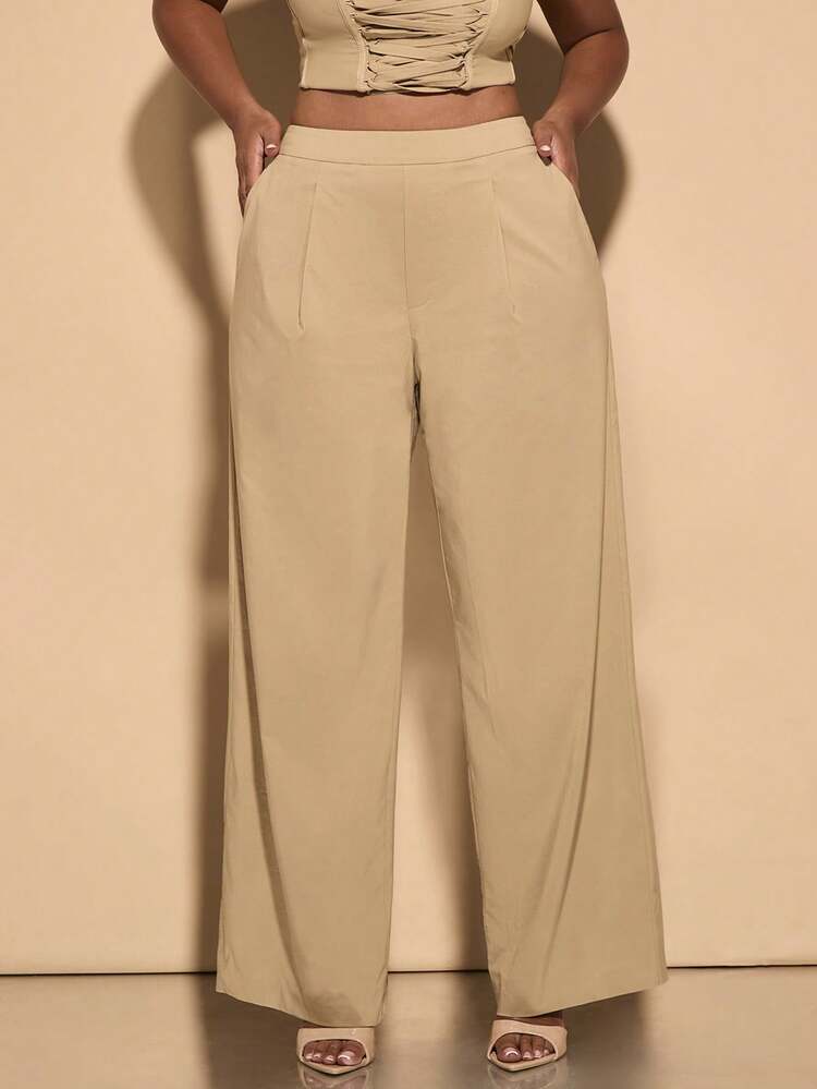 Plus Size Women's Green Stretch Woven Loose Straight Trousers