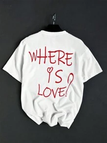 Manfinity Hypemode Maglietta casual a maniche corte da uomo per l'estate, con stampa di lettere e cuori, scollo rotondo, adatta per lo stile di strada, per rapper, per uscire - Bianco - Visualizzare 4