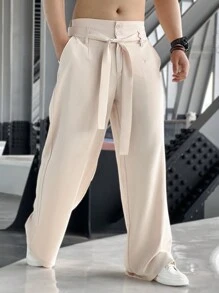 Manfinity Homme Quần ống rộng dệt trơn màu có túi dành cho nam, quần dài rộng thùng thình phong cách Boho đơn giản, dành tặng chồng, quà tặng bạn trai, cho mùa thu - Màu Khaki - Xem 5
