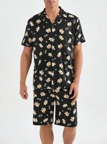 Conjunto de verano para hombre con mangas cortas y pantalones cortos con estampado completo para uso en el hogar