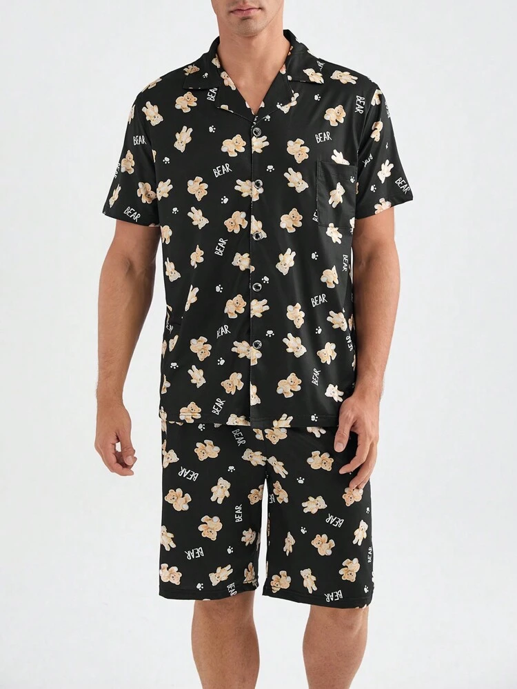Men's Summer Allover Print Short Sleeve And Shorts Home Suit Set