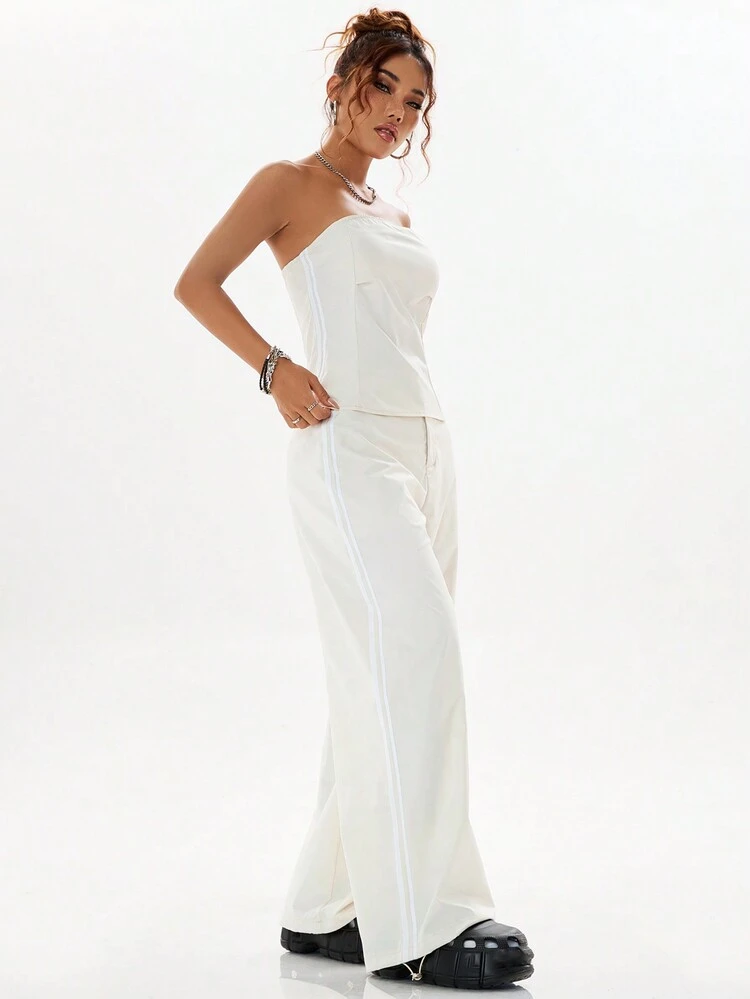 Street Style Color Block Trim Strapless Jumpsuit Set With Long Pants For Women